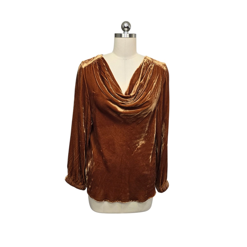 Sundance Womens Silk Blend Velvet Cowl Neck Blouse Cognac Brown Small‎ 0043